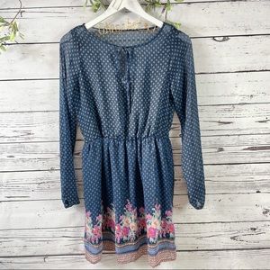 Mudd Long Sleeve Floral Blue and Black Dress.